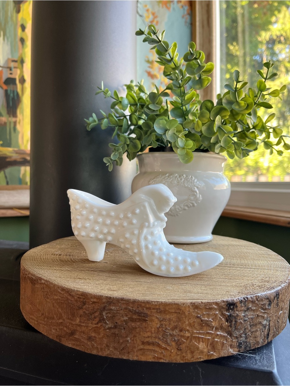 White Decorative Hobnail Ceramic Shoe by Fenton